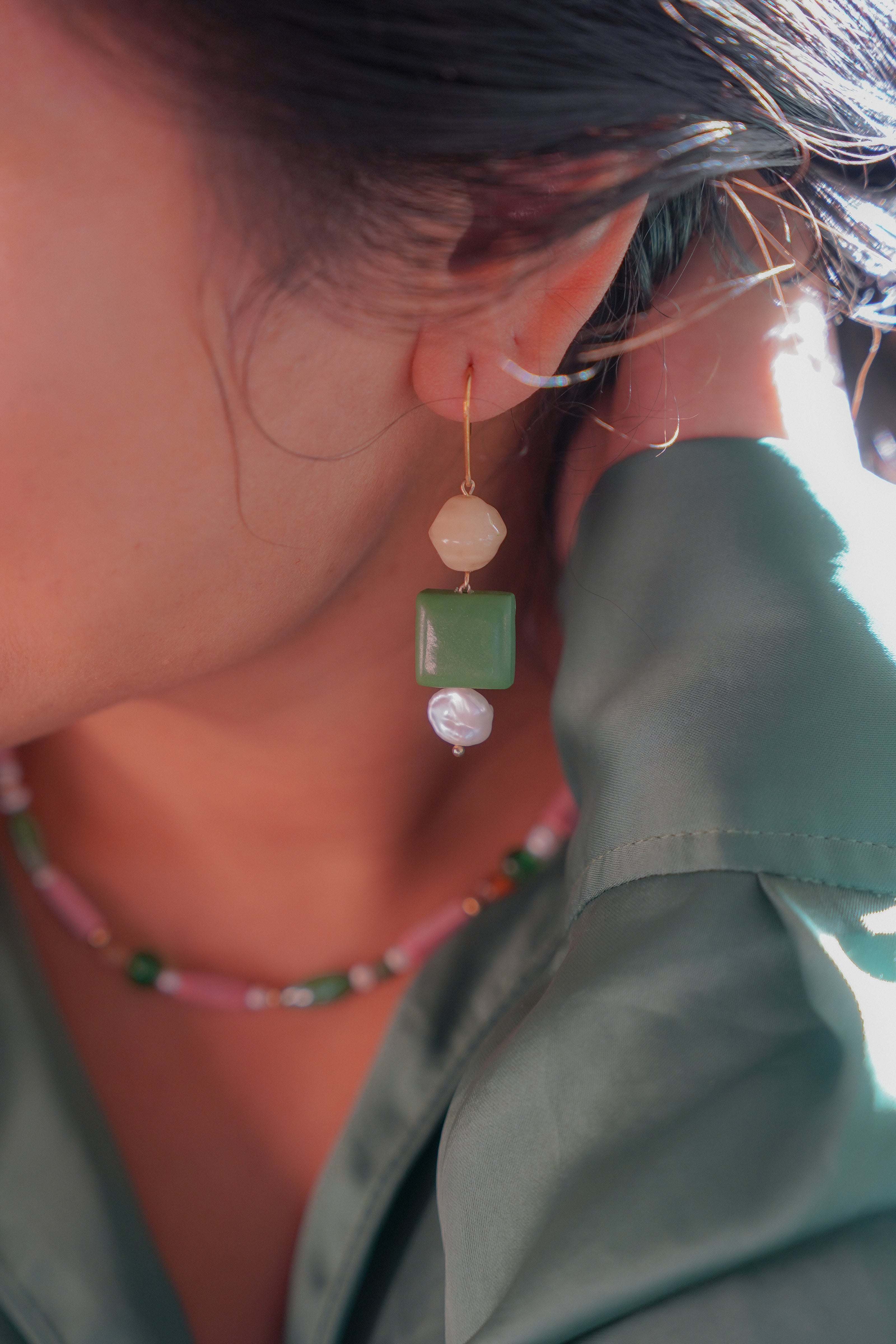 Sterling Silver Leaf Green Pearl Dangles