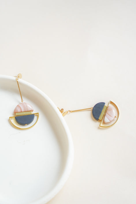 Dangling Pink Cream & Black Earrings