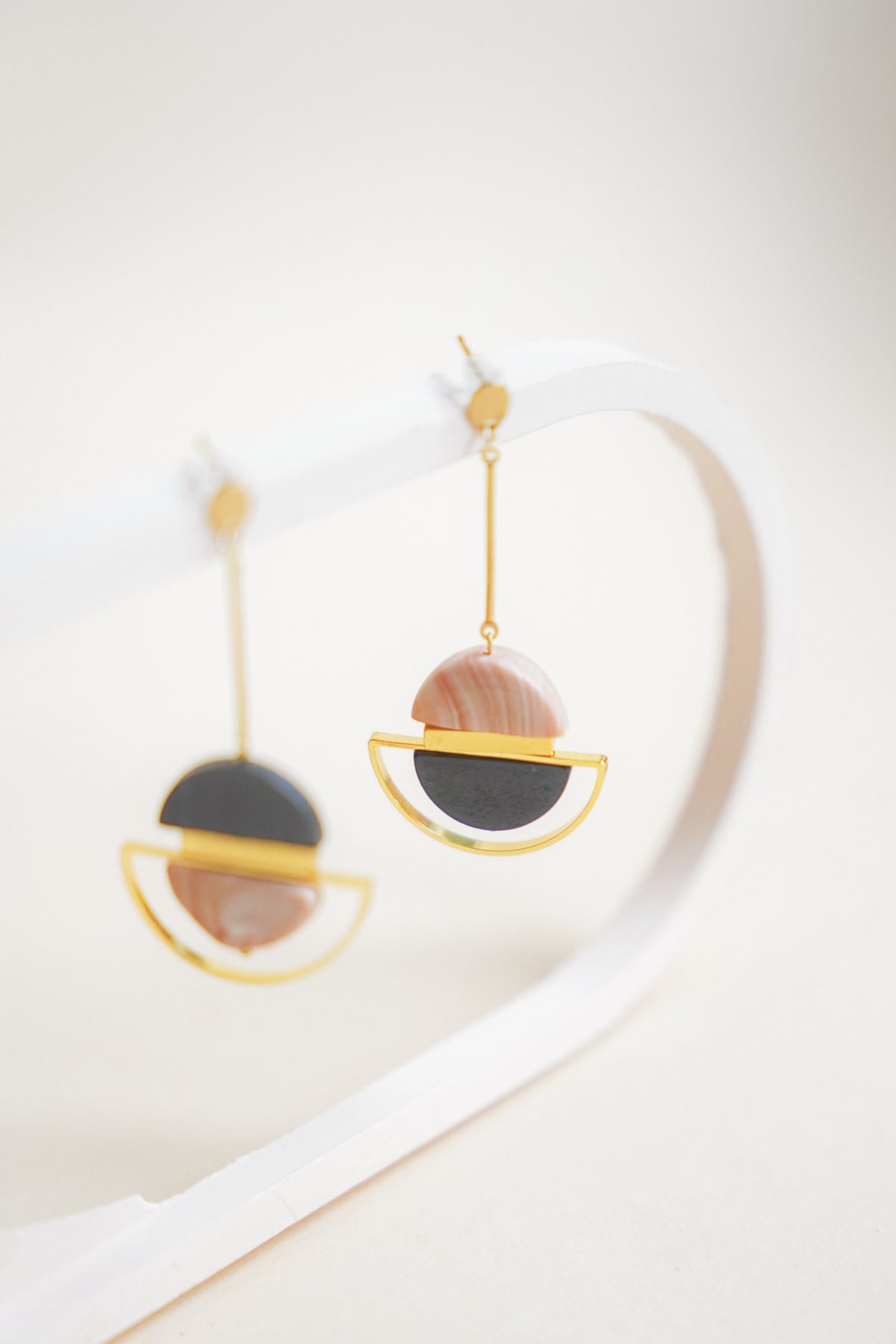 Dangling Pink Cream & Black Earrings