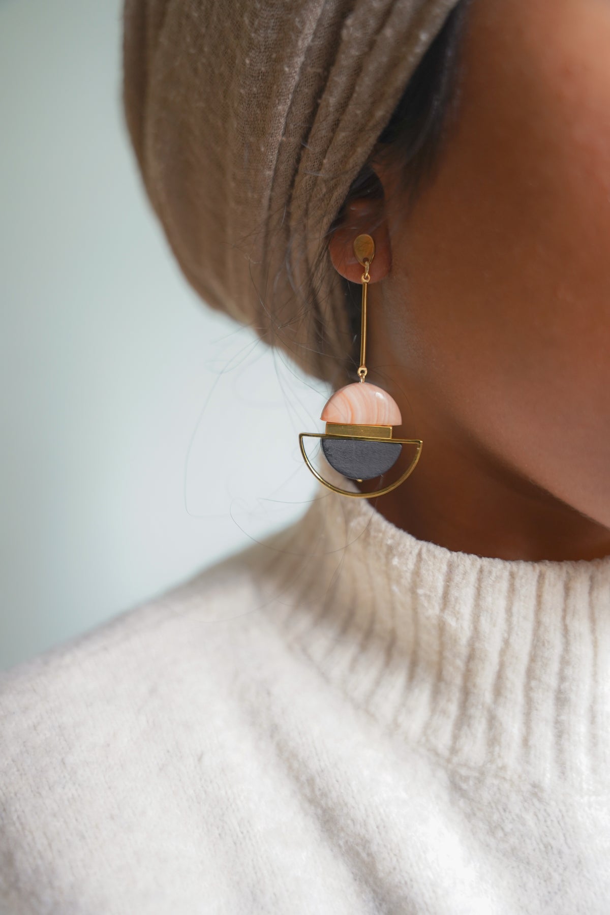 Dangling Pink Cream & Black Earrings