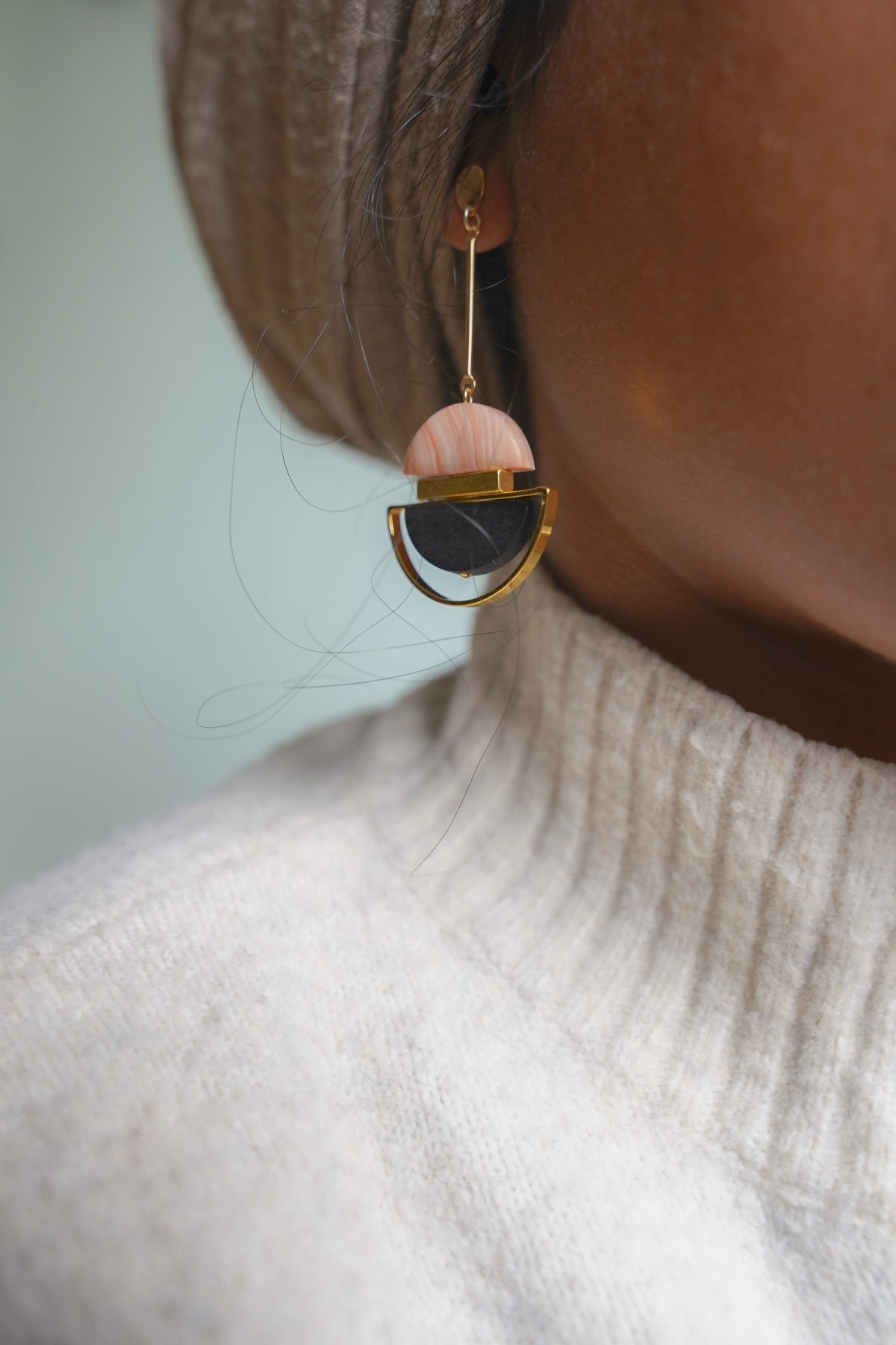 Dangling Pink Cream & Black Earrings
