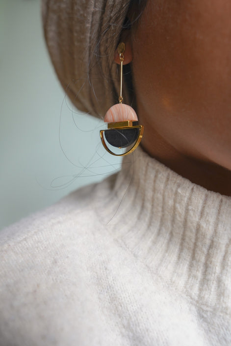 Dangling Pink Cream & Black Earrings