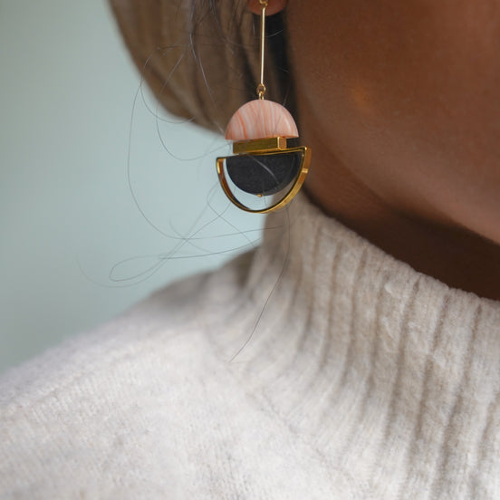 Dangling Pink Cream & Black Earrings