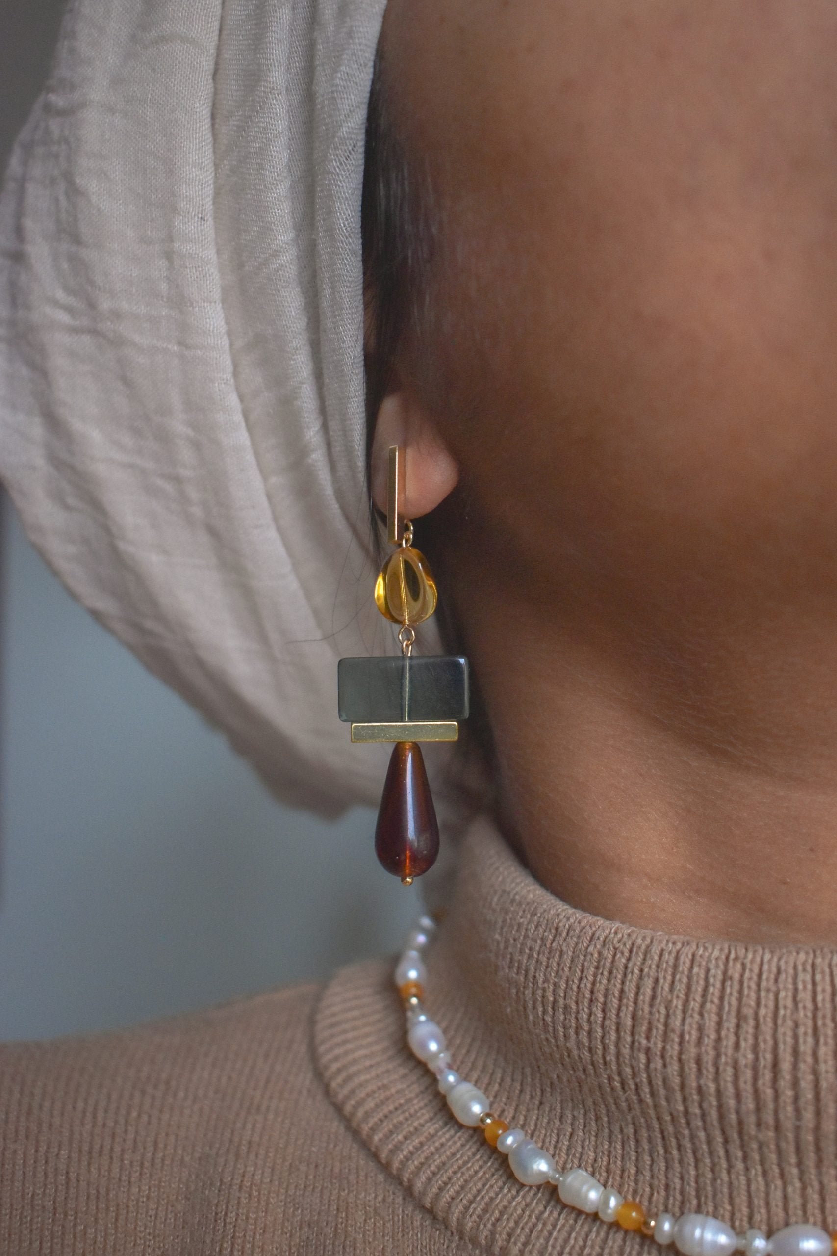 Colour Block Amber Green Earrings